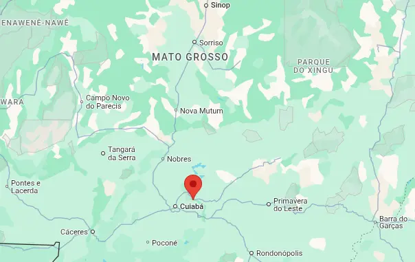 Mapa indicando a Chapada dos Guimarães, próxima a Cuiabá, no estado de Mato Grosso.