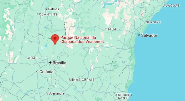 Mapa mostrando a localização do Parque Nacional da Chapada dos Veadeiros, no estado de Goiás, na região Centro-Oeste do Brasil.
