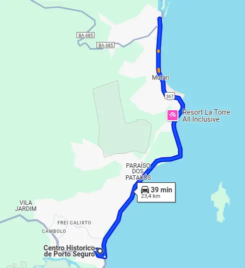 Mapa com a rota de Porto Seguro até Santa Cruz Cabrália, na Bahia, destacando um trajeto de 23,4 km com duração aproximada de 39 minutos pela BA-367.