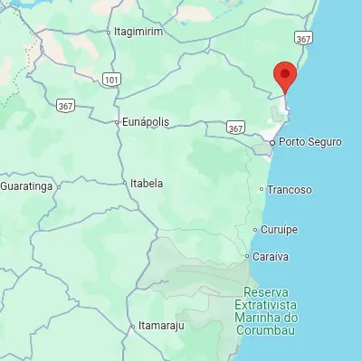 Mapa de onde fica Santa Cruz Cabrália na Bahia, destacando sua proximidade com Porto Seguro, Trancoso e Caraíva, na região da Costa do Descobrimento.