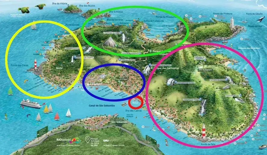 Mapa ilustrado das regiões de Ilhabela, destacando as áreas Norte, Sul, Leste e Centro, além do local de chegada da balsa.