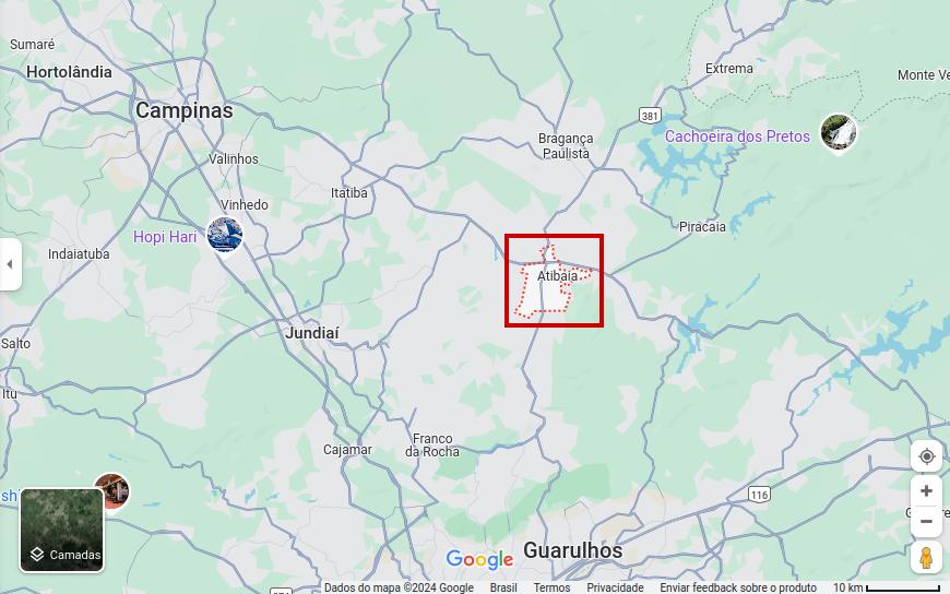 Mapa da localização de Atibaia no estado de São Paulo e arredores, como Guarulhos, Campinas, Bragança Paulista, Extrema.