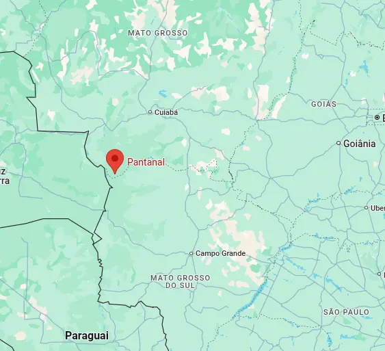 Mapa mostrando a localização do Pantanal, abrangendo os estados de Mato Grosso e Mato Grosso do Sul, na fronteira com o Paraguai.