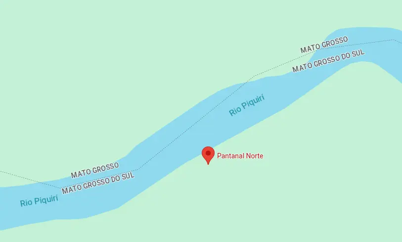 Mapa com o ponto marcado no Pantanal Norte, na divisa entre Mato Grosso e Mato Grosso do Sul, às margens do Rio Piquiri.