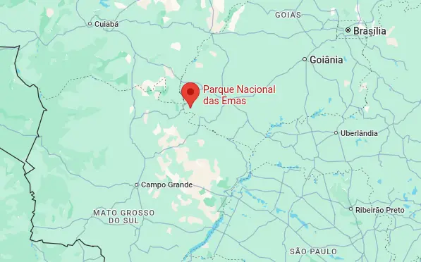 Mapa destacando o Parque Nacional das Emas, no estado de Goiás, próximo à divisa com Mato Grosso do Sul.