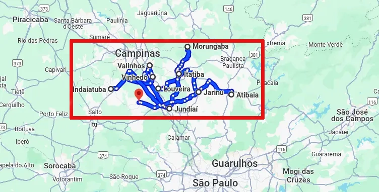 Mapa da região do Circuito das Frutas em São Paulo, com destaque para as cidades participantes: Atibaia, Jundiaí, Valinhos, Vinhedo, Indaiatuba, Jarinu, Itatiba, Louveira, Morungaba e Itupeva.