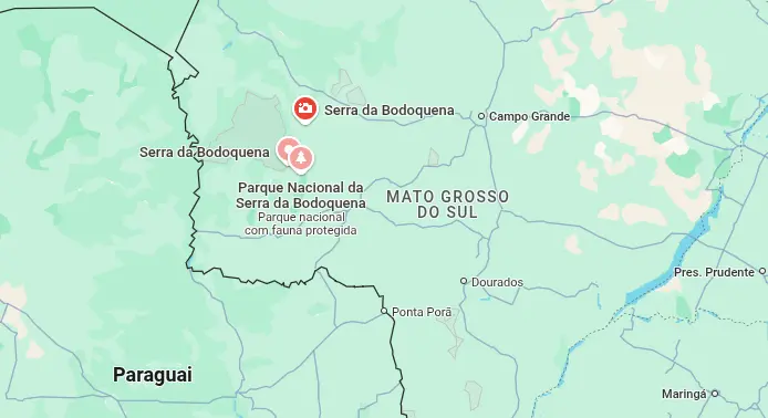 Mapa indicando onde fica a Serra da Bodoquena, no Mato Grosso do Sul.