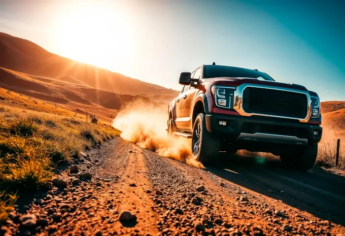 Veículo 4x4 numa estrada de terra com montanhas atrás, representando os passeios de 4x4 em Atibaia.