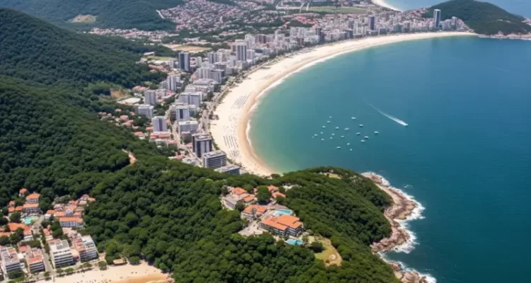 Vista aérea da cidade de Ubatuba, no Litoral Norte de SP, mostrando a praia, o mar azul e as montanhas da Serra do Mar.