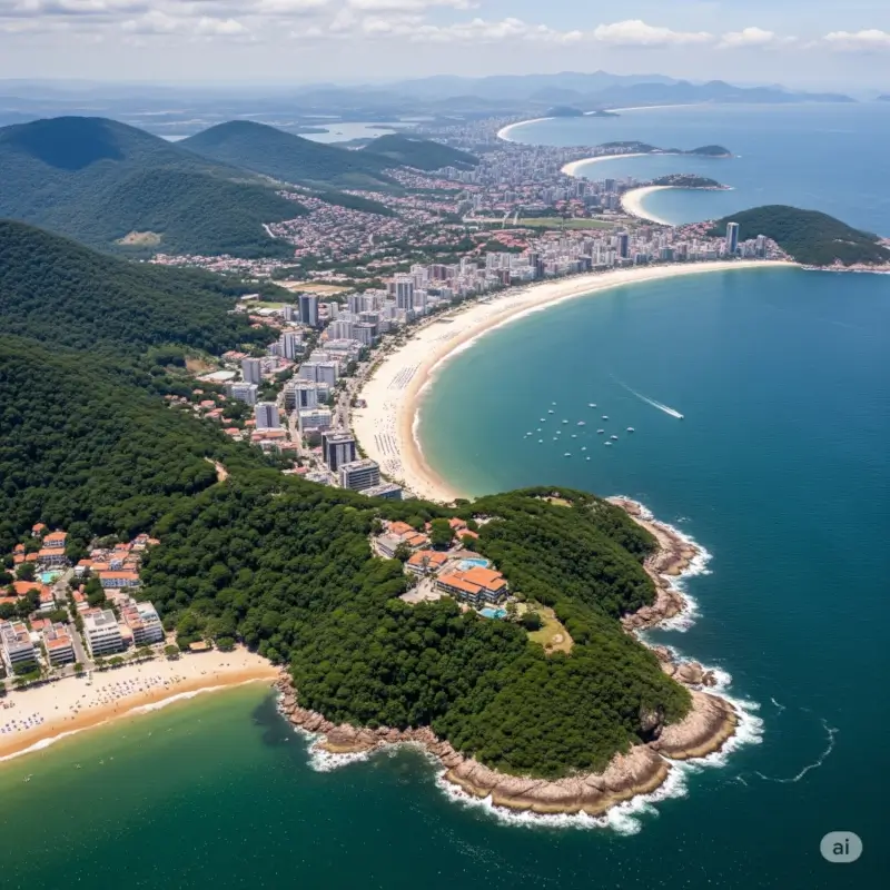 Vista aérea da cidade de Ubatuba, no Litoral Norte de SP, mostrando a praia, o mar azul e as montanhas da Serra do Mar.