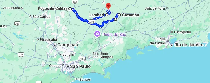 Mapa do Circuito das Águas de Minas Gerais, com a rota traçada entre as cidades de Poços de Caldas, São Lourenço, Lambari e Caxambu.