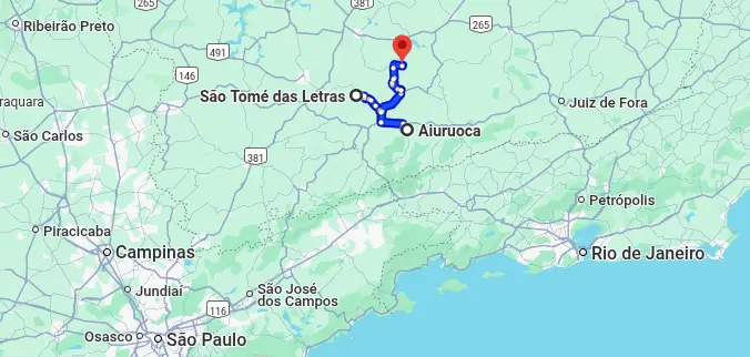 Mapa do Circuito das Cachoeiras no Sul de Minas, mostrando o trajeto entre as cidades de São Thomé das Letras, Carrancas e Aiuruoca.