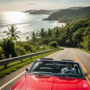 Homem dirigindo um carro conversível vermelho em uma estrada sinuosa pela Costa do Descobrimento, com uma vista panorâmica do litoral, das praias e da mata atlântica ao fundo.