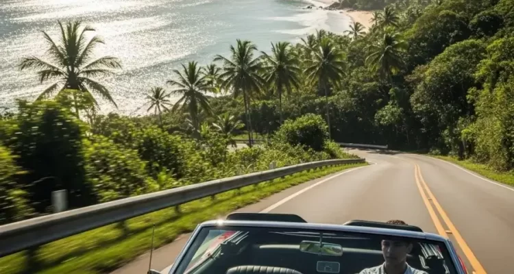 Homem dirigindo um carro conversível vermelho em uma estrada sinuosa pela Costa do Descobrimento, com uma vista panorâmica do litoral, das praias e da mata atlântica ao fundo.
