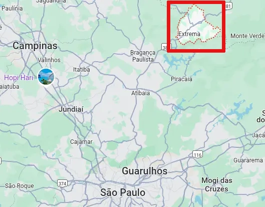 Mapa de onde fica Extrema, Minas Gerais, com cidades ao entorno, como Bragança Paulista, Piracaia e Monte Verde.