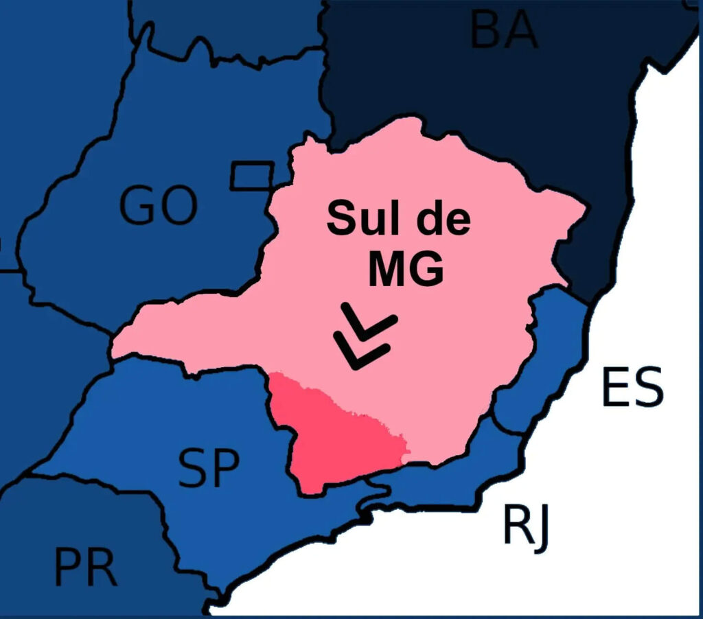 Mapa do Sudeste do Brasil destacando a localização da região Sul de Minas Gerais, na divisa com os estados de São Paulo e Rio de Janeiro.