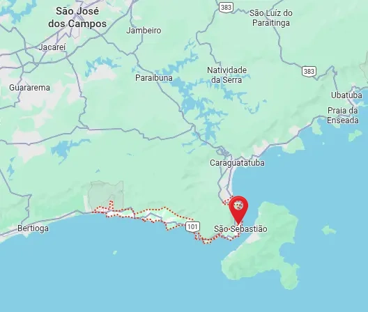 Mapa com a localização de São Sebastião, Litoral Norte de SP.