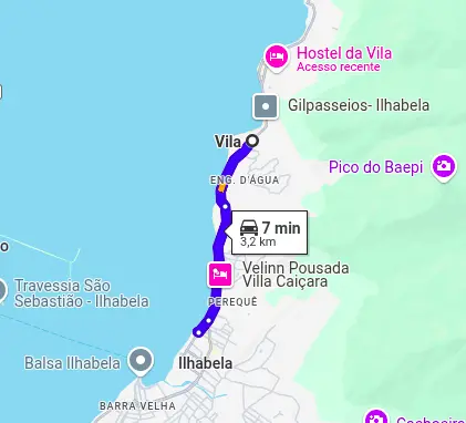 Mapa que evidencia a rota das praias do centro de Ilhabela, começando pela mais próxima à balsa, Praia da Barra Velha, para a mais próxima à Vila, Praia da Vila.