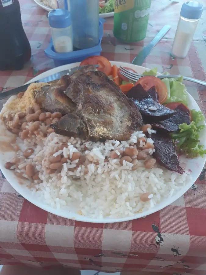 Prato feito com arroz, feijão, bisteca de porco, farofa e salada, representando a culinária caseira e farta do Sul de Minas.