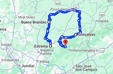 Mapa do circuito da Serra da Mantiqueira no Sul de Minas, com rota passando por Gonçalves, Extrema, Bueno Brandão e Monte Verde.