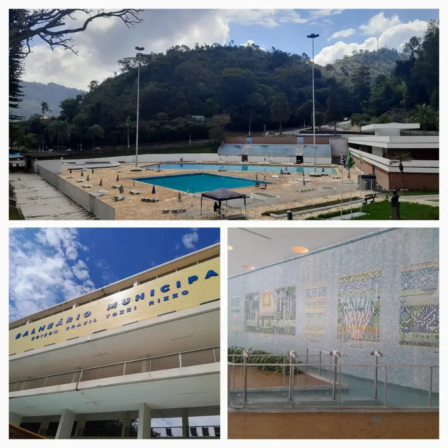 Um compilado de três fotos. No canto superior, a vista das piscinas do Balneário Municipal de Águas de Lindóia, com a mata ao fundo. No canto inferior esquerdo, a fachada do prédio principal. No canto inferior direito, a parede de azulejos do balneário.