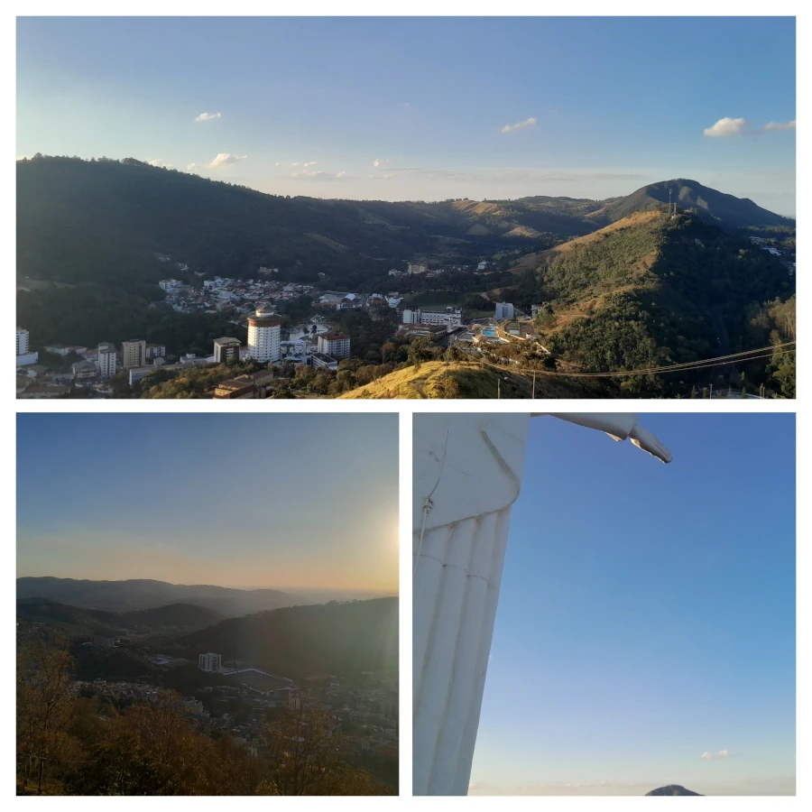 Um compilado de três fotos. No canto superior, a vista do Morro do Cruzeiro e Cristo Redentor de Águas de Lindóia, com a cidade e as montanhas ao fundo. No canto inferior esquerdo, o pôr do sol nas montanhas. No canto inferior direito, a estátua do Cristo Redentor de Águas de Lindóia.