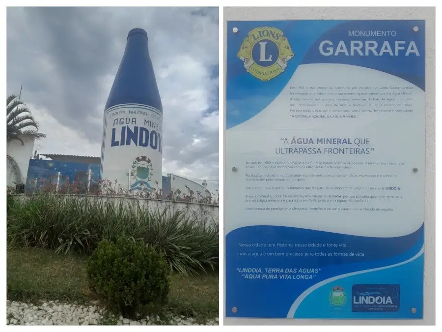 Monumento Garrafa em Lindóia, uma grande garrafa de água azul e branca com a inscrição "Capital Nacional da Água Mineral".