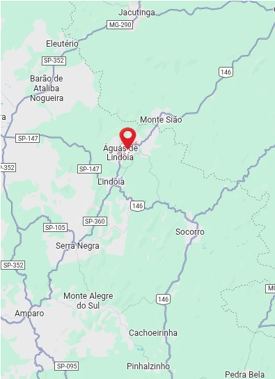 Imagem de mapa mostrando a localização de Águas de Lindóia no interior de São Paulo, na divisa com Minas Gerais, com cidades vizinhas como Lindóia, Monte Sião e Serra Negra.