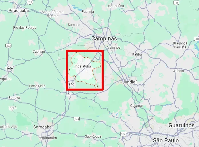 Mapa da localização de Indaiatuba, com cidades ao entorno como São Paulo, Campinas, Guarulhos e Salto.
