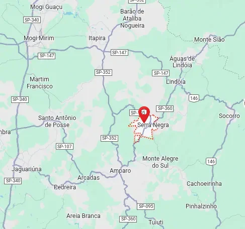 Mapa mostrando a localização de Serra Negra, no Circuito das Águas Paulista, no estado de São Paulo, cercada por outras cidades como Lindóia e Águas de Lindóia.