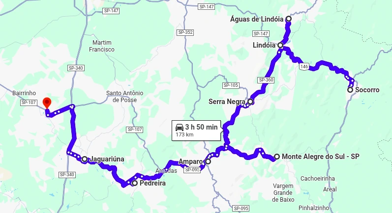 Mapa do Circuito das Águas Paulista destacando o trajeto de carro entre as nove cidades da rota turística no interior de SP.