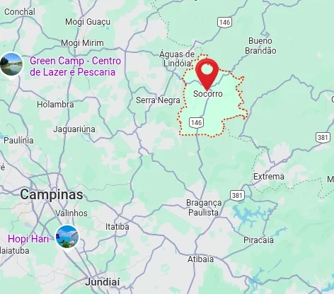 Mapa mostrando a localização de Socorro–SP, em destaque, próximo a cidades como Serra Negra, Bragança Paulista e Campinas.