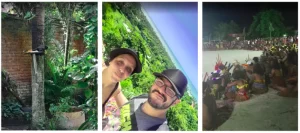 Uma colagem de três fotos. Da esquerda para a direita, uma árvore no hotel de Arraial d'Ajuda com um sagui comendo frutas. A segunda foto é a Márcia Lira, redatora do Viagens e Passeios, e seu marido fazendo uma selfie no Mirante das Fitas em Arraial d'Ajuda. Na terceira foto estão os indígenas sentados em roda na areia, na abertura dos Jogos Indígenas Pataxó. Um resumo do roteiro pela Costa do Descobrimento. Fotos: arquivo pessoal.