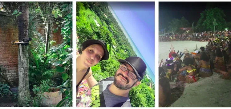 Uma colagem de três fotos. Da esquerda para a direita, uma árvore no hotel de Arraial d'Ajuda com um sagui comendo frutas. A segunda foto é a Márcia Lira, redatora do Viagens e Passeios, e seu marido fazendo uma selfie no Mirante das Fitas em Arraial d'Ajuda. Na terceira foto estão os indígenas sentados em roda na areia, na abertura dos Jogos Indígenas Pataxó. Um resumo do roteiro pela Costa do Descobrimento. Fotos: arquivo pessoal.