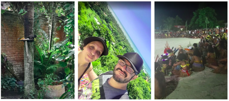 Uma colagem de três fotos. Da esquerda para a direita, uma árvore no hotel de Arraial d'Ajuda com um sagui comendo frutas. A segunda foto é a Márcia Lira, redatora do Viagens e Passeios, e seu marido fazendo uma selfie no Mirante das Fitas em Arraial d'Ajuda. Na terceira foto estão os indígenas sentados em roda na areia, na abertura dos Jogos Indígenas Pataxó. Um resumo do roteiro pela Costa do Descobrimento. Fotos: arquivo pessoal.