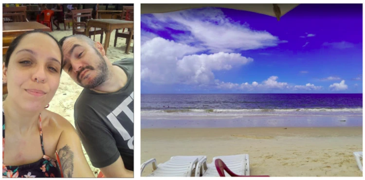 Colagem de fotos do Dia 2 do roteiro: à esquerda, Marcia Lira, redatora e fundadora do Viagens e Passeios, e seu marido, fundador do Viagens e Passeios, em uma selfie na barraca de praia; à direita, a vista do mar da Praia de Taperapuã com espreguiçadeiras na areia.