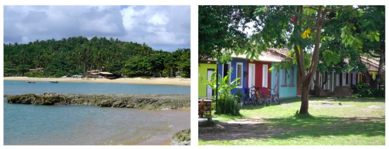 Colagem de duas fotos: à esquerda, a Praia do Espelho com seu mar calmo e falésias; à direita, as casinhas coloridas do Quadrado de Trancoso.