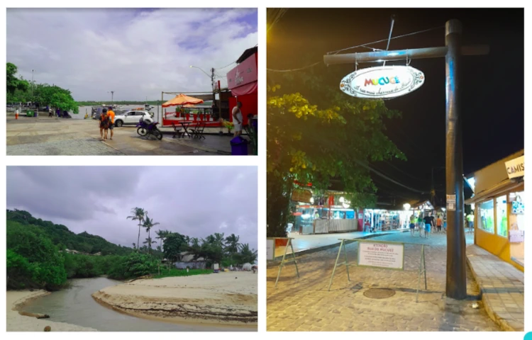 olagem de fotos do Dia 5 em Arraial d'Ajuda: a chegada da balsa, a foz do Rio Mucugê na praia, e a placa iluminada da Rua do Mucugê à noite.