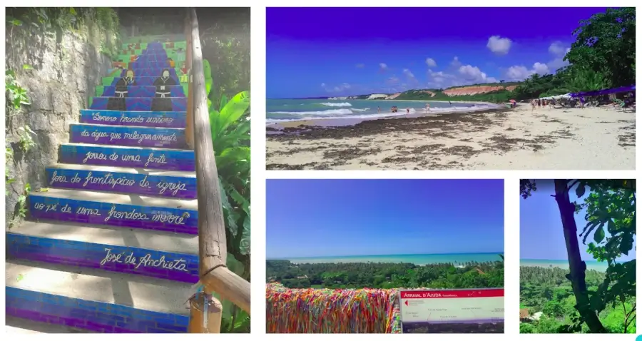 Colagem de fotos do Dia 7 em Arraial d'Ajuda: a Escadaria colorida, a Praia de Pitinga com suas falésias, e o Mirante das Fitas.