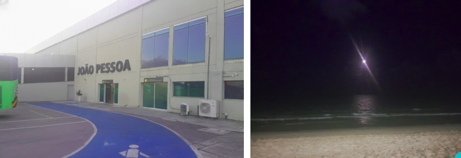 Montagem com duas fotos. À esquerda, fachada externa do Aeroporto Internacional de João Pessoa durante o dia. À direita, vista noturna da praia de Manaíra vazia, mostrando a escuridão do mar e a areia iluminada, ilustrando o anoitecer cedo na cidade.