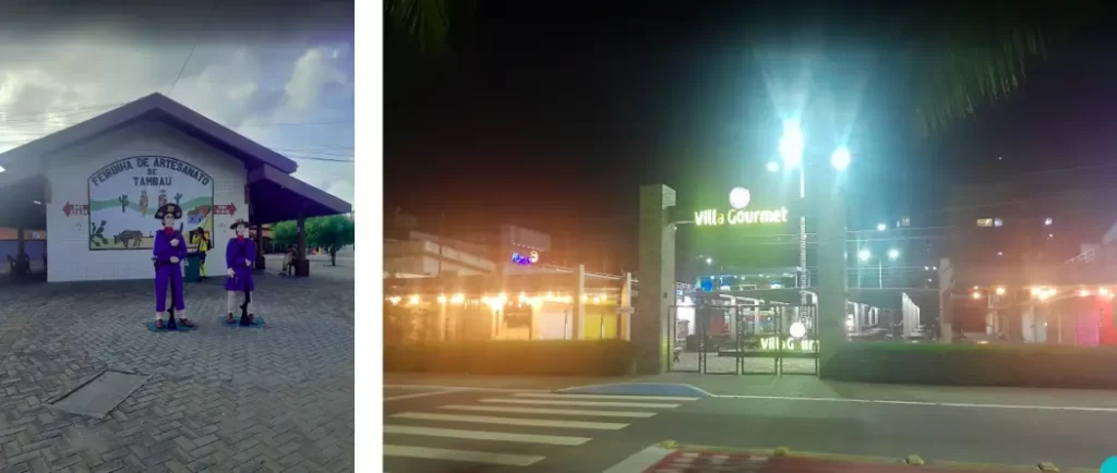 Montagem com duas fotos. À esquerda, entrada da Feirinha de Artesanato de Tambaú com estátuas de cangaceiros na frente. À direita, entrada iluminada do Villa Gourmet em Manaíra à noite.