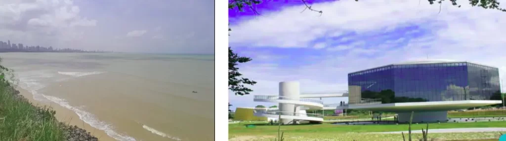 Montagem com duas fotos. À esquerda, vista panorâmica da orla de João Pessoa e do mar esverdeado vista do alto. À direita, arquitetura moderna e espelhada da Estação Cabo Branco, projetada por Oscar Niemeyer, cercada por gramado.