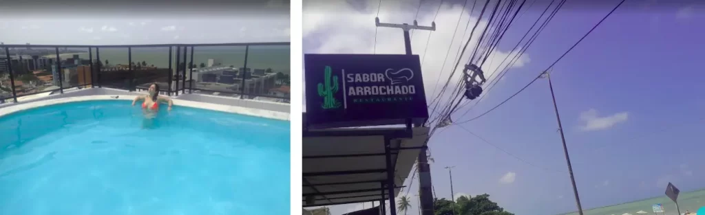 Montagem com duas fotos. À esquerda, Marcia Lira, fundadora e redatora do Viagens e Passeios, relaxando dentro de uma piscina no terraço de um prédio com vista para o mar de Manaíra. À direita, placa do restaurante "Sabor Arrochado" e vista da rua ensolarada.