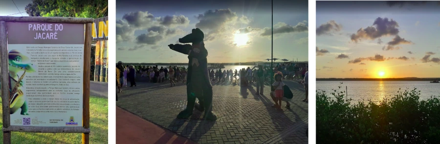 Colagem de fotos na Praia do Jacaré. Mostra a placa informativa do Parque do Jacaré, uma estátua do mascote jacaré tocando saxofone e uma vista do pôr do sol alaranjado refletindo nas águas do Rio Paraíba.