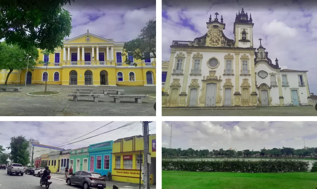 Colagem de fotos do Centro Histórico de João Pessoa. Mostra o Casarão de Azulejos amarelo, a arquitetura barroca da Igreja de São Francisco, uma rua com casas coloniais coloridas e a vista verde do Parque da Lagoa.