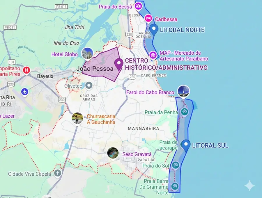 Mapa ilustrativo de João Pessoa destacando as principais regiões turísticas: Litoral Norte, Centro Histórico/Administrativo, a ponta do Farol do Cabo Branco e o início do Litoral Sul.