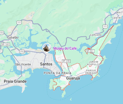 Mapa digital destacando a localização da cidade de Guarujá no litoral de São Paulo, mostrando sua proximidade com Santos e a área do porto.