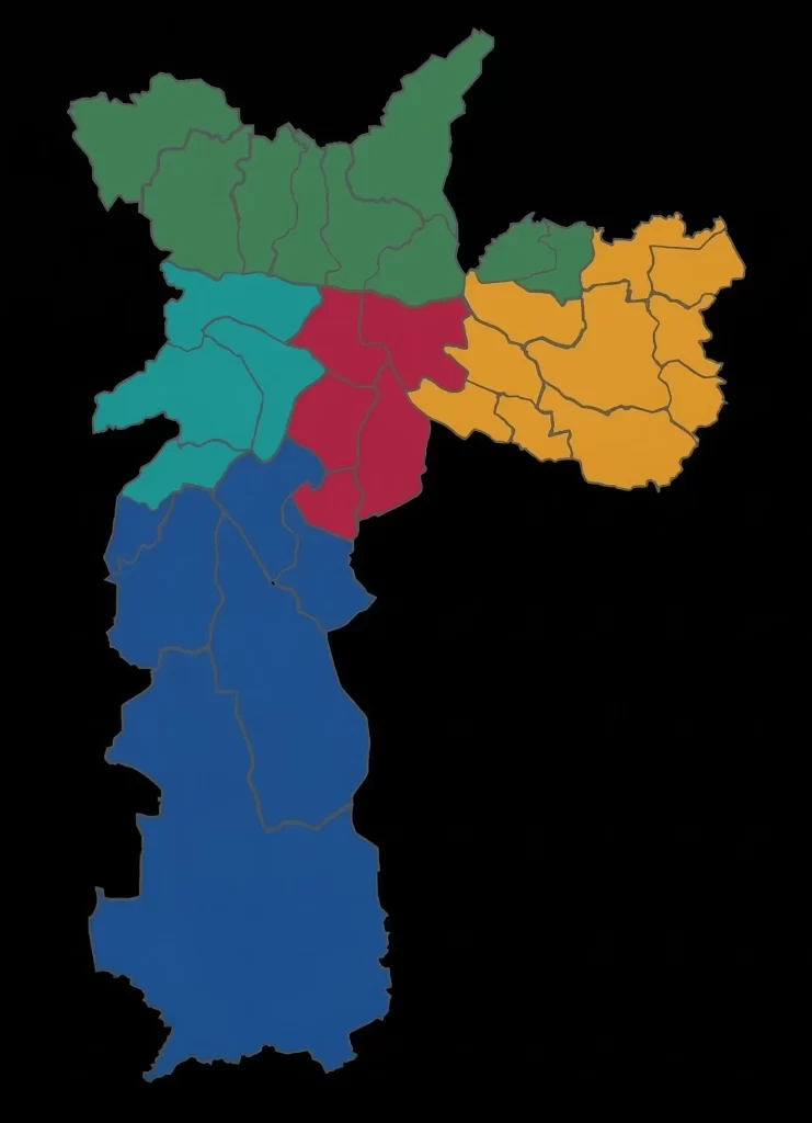 Mapa ilustrativo da cidade de São Paulo dividido por regiões em um fundo preto. O gráfico destaca as zonas geográficas da capital paulista através de cores sólidas e distintas: a Zona Norte em verde, a Zona Sul em azul, a Zona Leste em laranja, a Zona Oeste em turquesa e a região Central em vermelho.