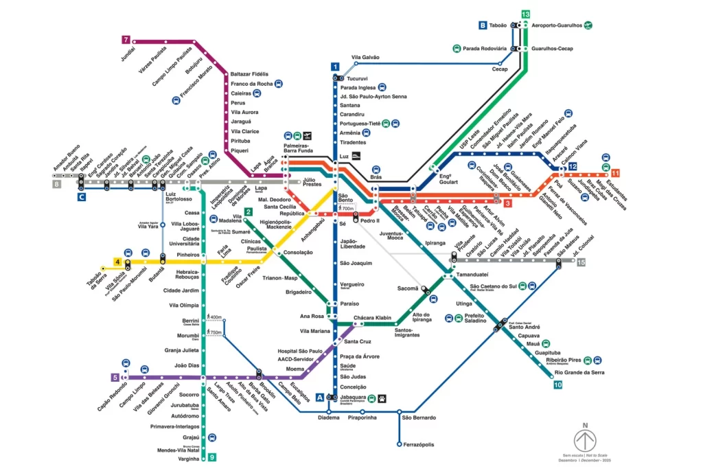 Mapa diagramático da rede de transporte metropolitano de São Paulo (Metrô e CPTM) atualizado para 2026. A imagem exibe todas as linhas coloridas e numeradas, incluindo conexões para Guarulhos, ABC Paulista e Mogi das Cruzes, além de integrações com terminais de ônibus e aeroportos.