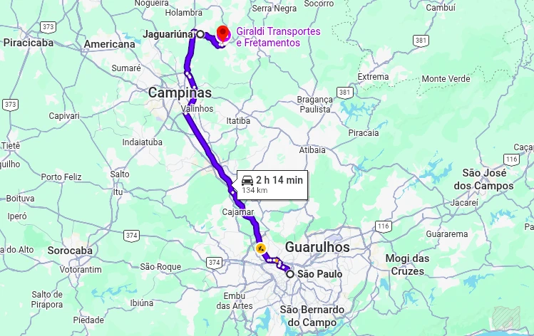 Mapa de rota rodoviária de São Paulo ao Circuito das Águas Paulista via Rodovia dos Bandeirantes (SP-348). O trajeto destaca a passagem por Cajamar, Valinhos, Campinas e Jaguariúna, sendo o ponto final em Pedreira, indicando um tempo de viagem de aproximadamente 2 horas e 14 minutos para percorrer 134 km.